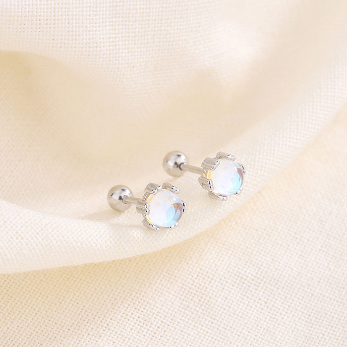 Simple Style Round Copper Inlay Moonstone Ear Studs 1 Pair