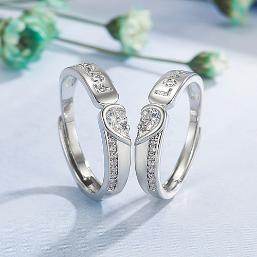 Anel de cobre de casal em forma de coração com zircão incrustado de diamantes coreano