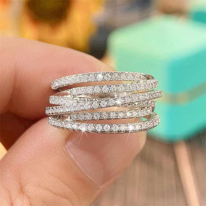 1 Piece Luxurious Geometric Copper Plating Zircon Wide Band Ring Rings