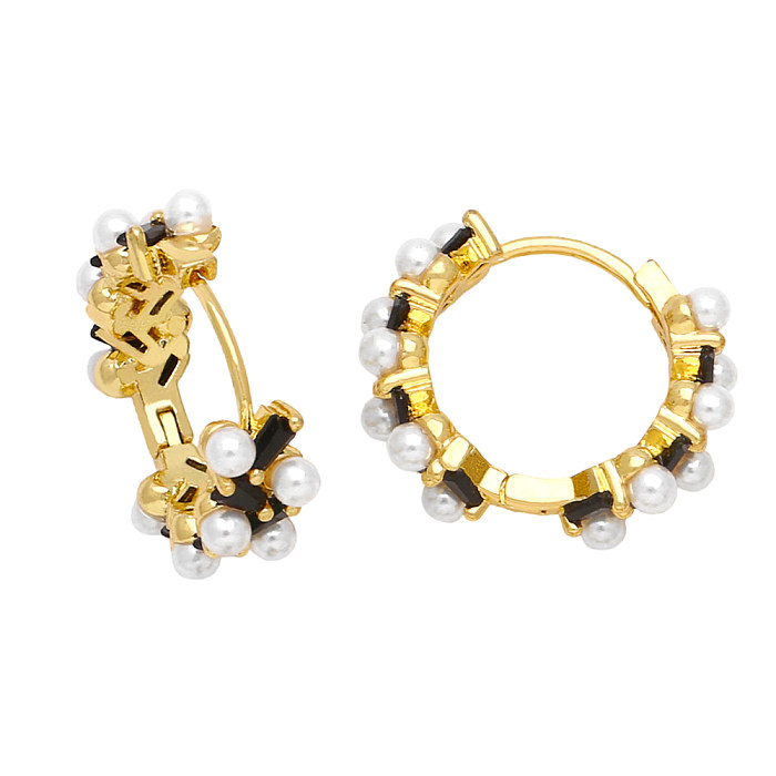 1 paire de boucles d'oreilles plaquées or 18 carats, Style Simple, cercle irrégulier, incrustation de perles en cuivre et Zircon
