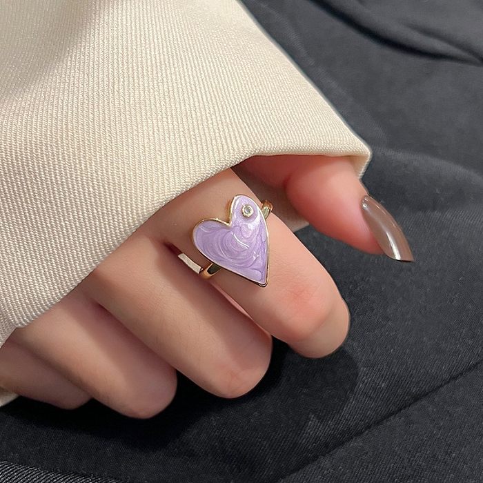 Romantic Simple Style Heart Shape Copper Enamel Plating Inlay Zircon Open Ring