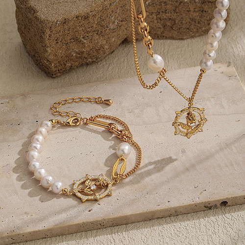 Simple Style Irregular Rose Copper Beaded Plating Inlay Freshwater Pearl Zircon 18K Gold Plated Bracelets Necklace