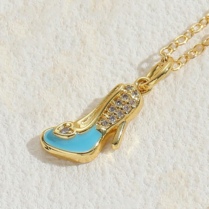 Elegant Luxurious Classic Style Geometric Letter High Heel Copper Enamel Plating Inlay Zircon 14K Gold Plated Pendant Necklace