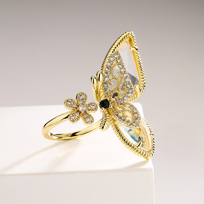 1 Stück modischer offener Ring mit Schmetterlings-Kupfer-Inlay und Zirkon
