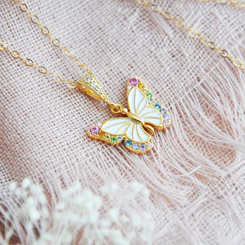 Retro-Schmetterlings-Kupfer-Emaille-Überzug-Inlay-Zirkon-vergoldete Ohrringe-Halskette