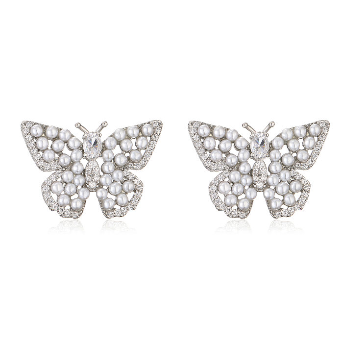 Süße Blumen-Schmetterling-Kupfer-Inlay-Ohrstecker mit künstlichen Perlen, 1 Paar
