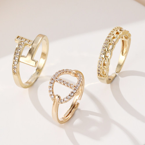 Elegant Streetwear Geometric Copper Inlay Zircon Open Rings