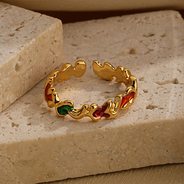Esmalte irregular de cobre geométrico estilo vintage, anéis abertos banhados a ouro 18K