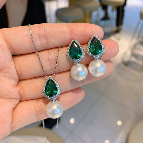 Retro Wassertropfen Kupfer eingelegte Perlen künstliche Kristall Damen Ohrringe Halskette