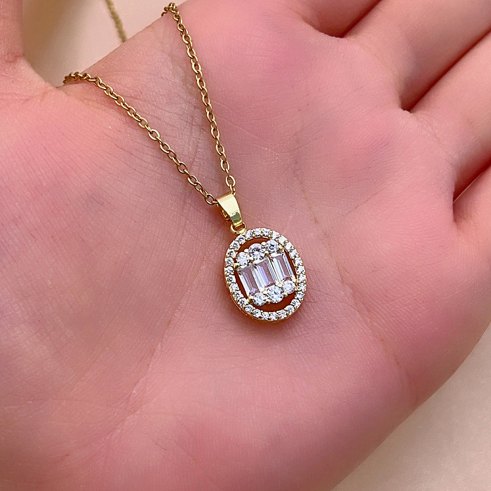 Casual Simple Style Shiny Oval Copper Plating Inlay Zircon White Gold Plated Gold Plated Pendant Necklace