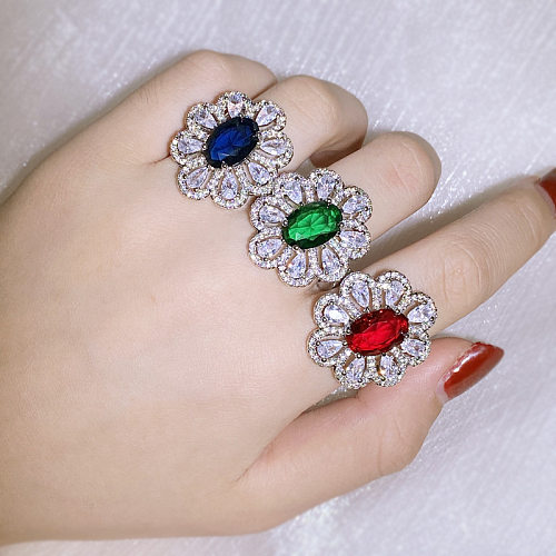 Casual Simple Style Oval Flower Copper Plating Inlay Zircon Open Rings