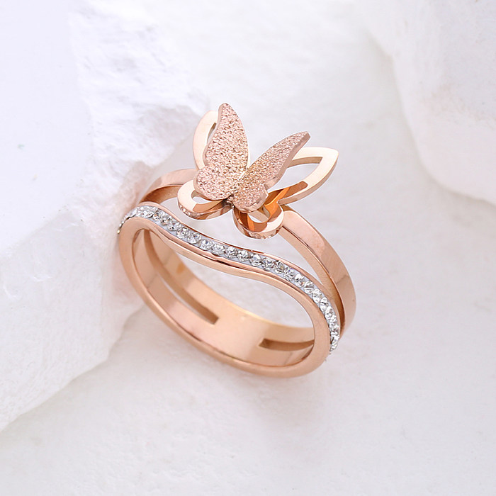 Simple Style Butterfly Stainless Steel Plating Inlay Rhinestones 24K Gold Plated Rings