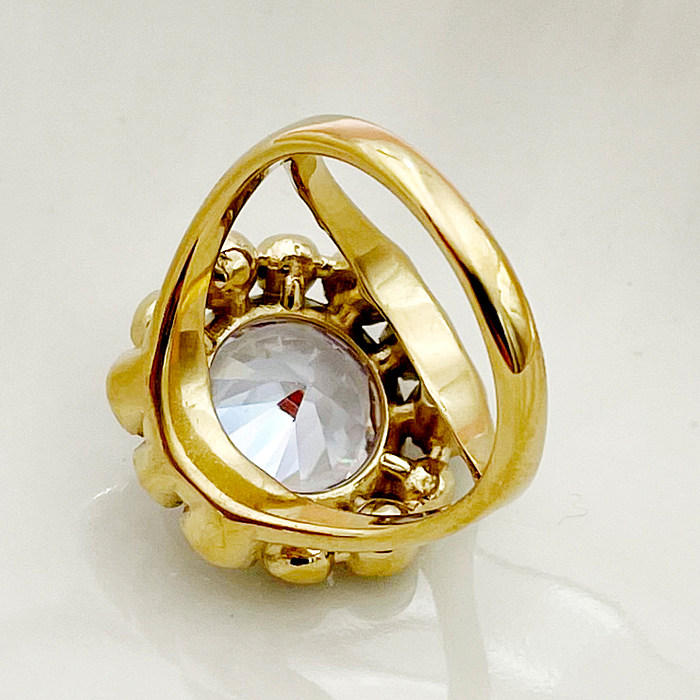 Glamouröse Vintage-Stil-Ringe mit runder Blume, Edelstahl-Beschichtung, Intarsien, Strasssteinen, Zirkon, vergoldet