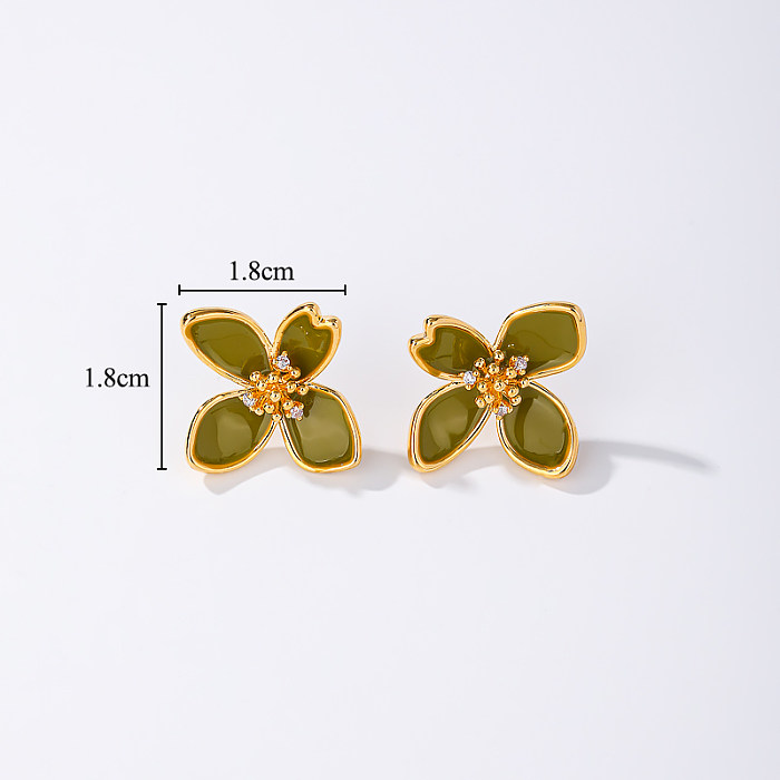 1 par de brincos de orelha banhados a ouro 18K com zircônia de pérolas de cobre doce comute flor esmaltada incrustação