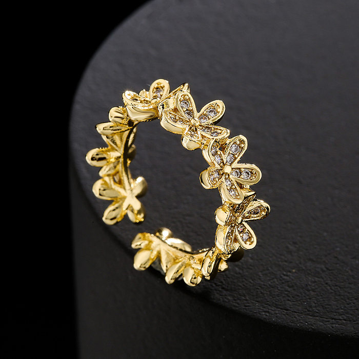 Fashion Copper 18K Gold Zircon Leaf Geometric Shape Open Ring Female