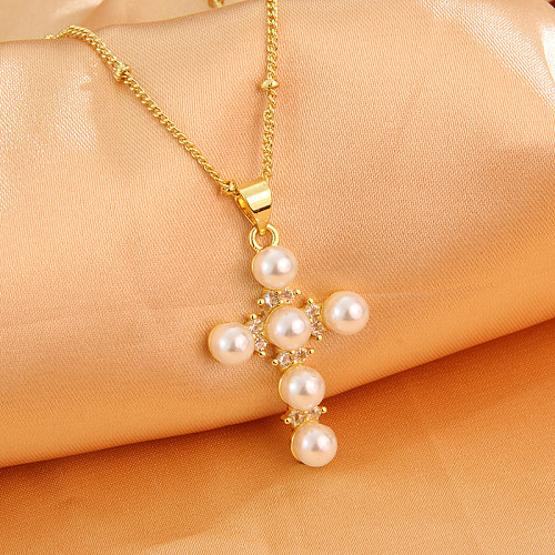 1 Piece Retro Cross Copper Inlay Freshwater Pearl Pendant Necklace