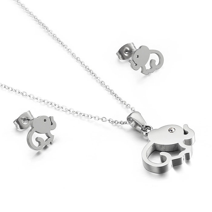 Simple Stainless Steel Hollow Elephant Necklace Earrings Set Wholesale