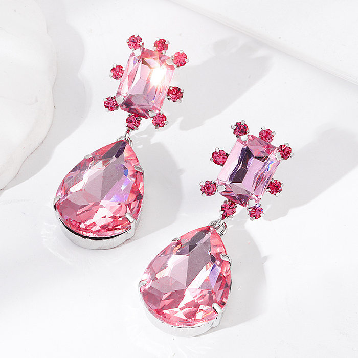 1 Pair Elegant Shiny Square Water Droplets Inlay Copper Glass Drop Earrings