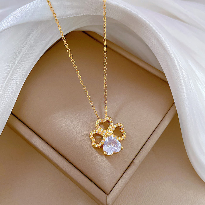 Modern Style Classic Style Four Leaf Clover Titanium Steel Copper Inlay Artificial Gemstones Gold Plated Pendant Necklace