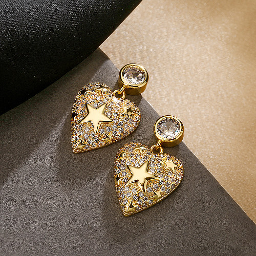 1 Paar süße, schlichte Pendel-Ohrringe mit Stern- und Herzform-Beschichtung, Kupfer-Zirkon, 18 Karat vergoldet