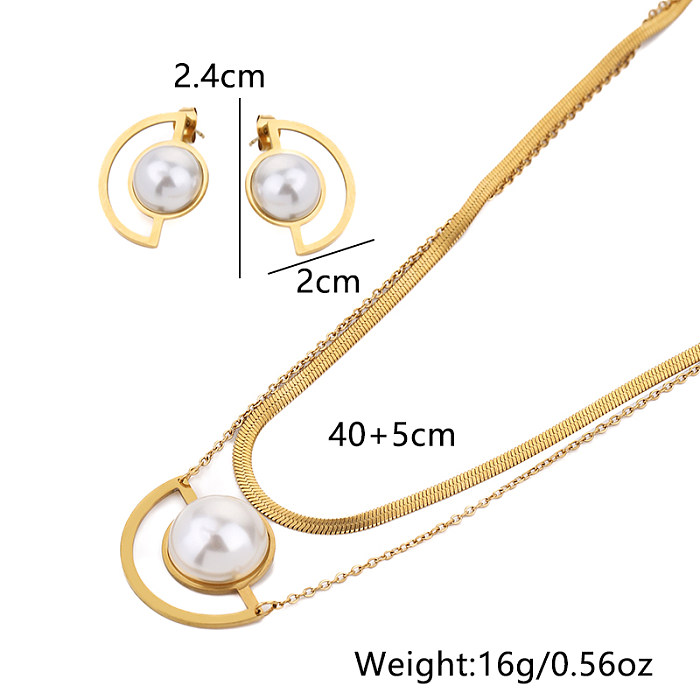 Lady Solid Color Titanium Steel Inlay Artificial Pearls Earrings Necklace Jewelry Set
