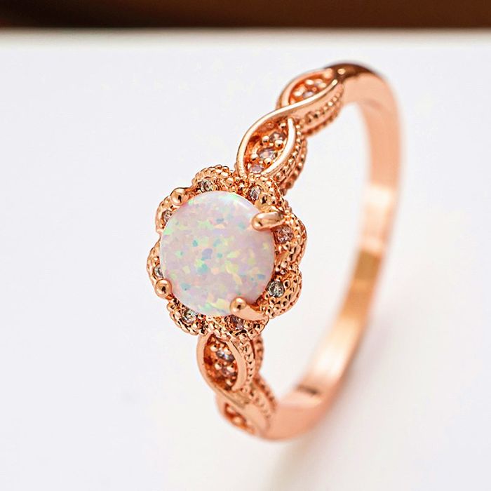 Schlichter Stil, Blumen-Kupfer-Inlay, weißer Opal-Zirkon-Ring