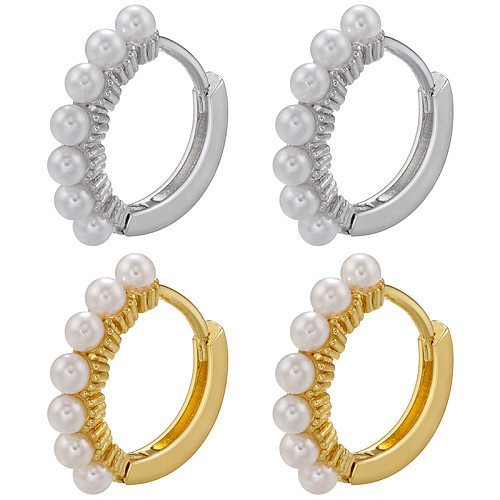 Boucles d'oreilles mode géométriques en cuivre plaqué or avec perles artificielles, 1 paire