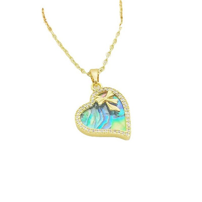 Doce forma de coração flor arco nó cobre chapeamento incrustação pérolas artificiais concha zircão 18k banhado a ouro pingente colar