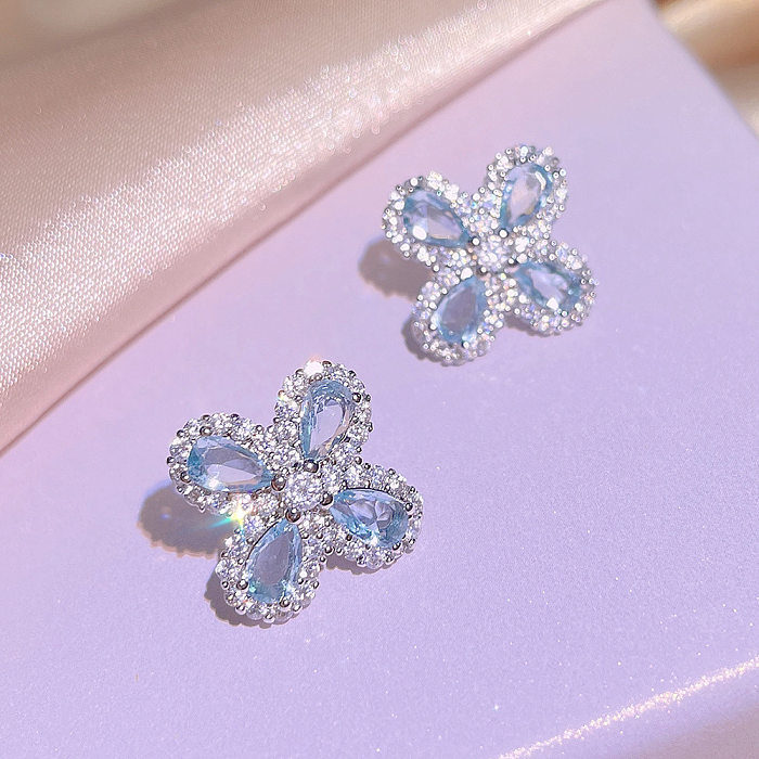 Romantische glänzende vierblättrige Kleeblatt-Kupfer-Inlay-künstliche Kristallringe-Ohrring-Halskette