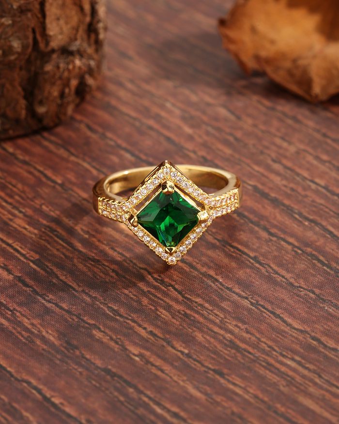 IG Style Shiny Rhombus Copper Plating Hollow Out Inlay Zircon 18K Gold Plated Rings