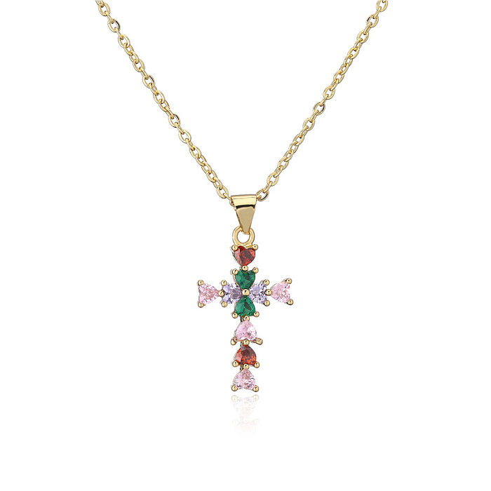 18K Vintage Inlaid Color Zirconium Cross Copper Necklace Wholesale jewelry