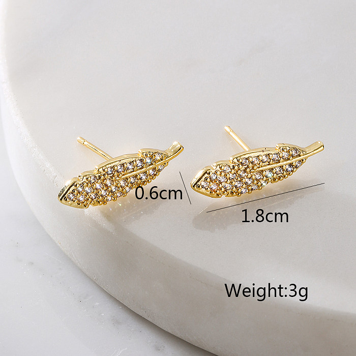 Fashion Leaf Copper Gold Plated Zircon Ear Studs 1 Pair