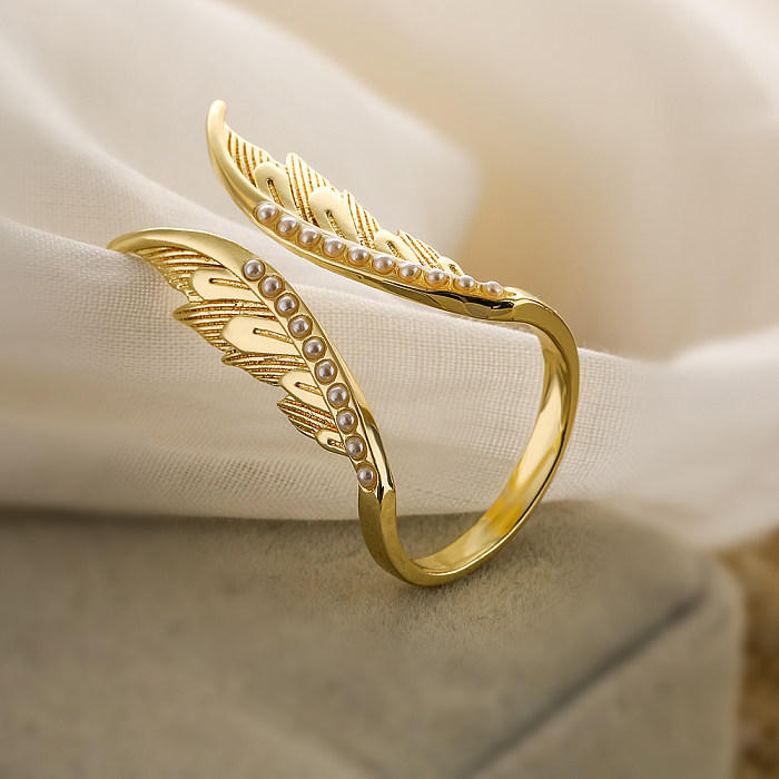 1 peça moda asas cobre incrustação pérolas artificiais zircão anel aberto