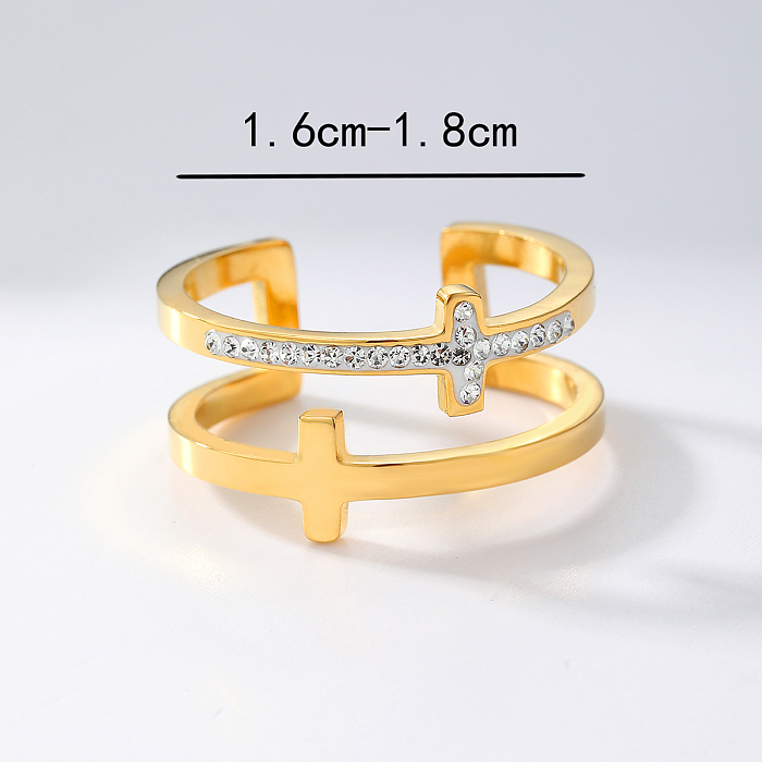 Wholesale Casual Modern Style Simple Style Cross Stainless Steel Asymmetrical Plating Inlay 18K Gold Plated Rhinestones Open Rings