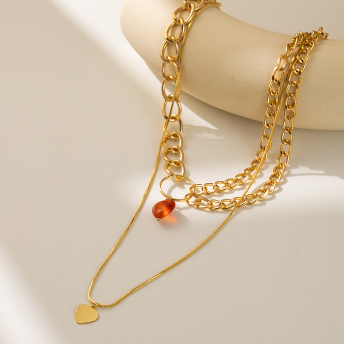 Cute Sweet Simple Style Heart Shape Natural Stone Copper Layered Plating Layered Necklaces