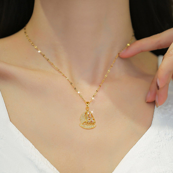 Luxurious Ship Stainless Steel Copper Plating Zircon Pendant Necklace