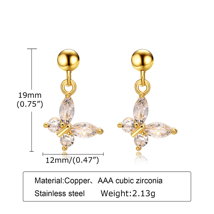 1 Pair Simple Style Flower Butterfly Plating Inlay Stainless Steel Copper Zircon Gold Plated Drop Earrings