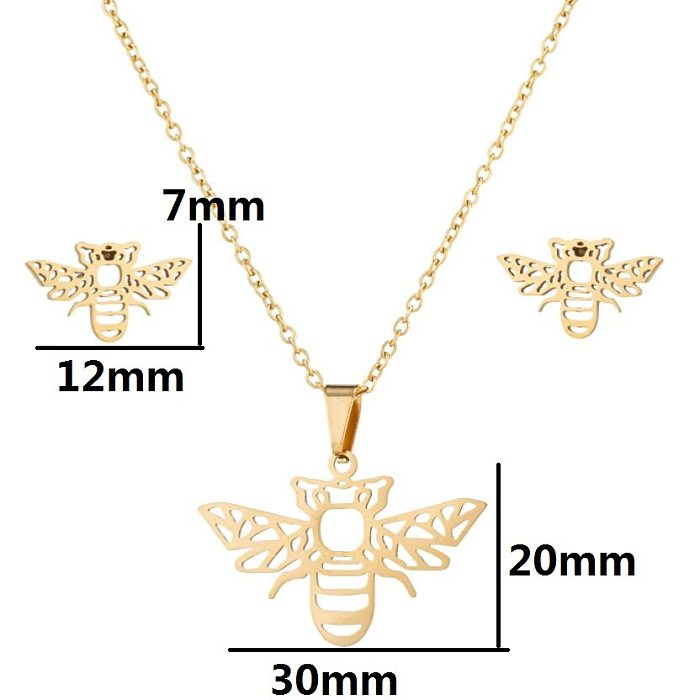 1 ensemble de boucles d'oreilles et collier plaqués en acier inoxydable, Style Simple, abeille et papillon