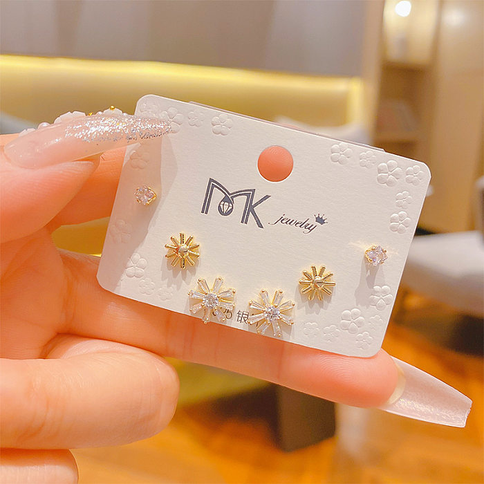 Sweet Round Butterfly Snowflake Copper Plating Inlay Zircon Ear Studs 1 Set