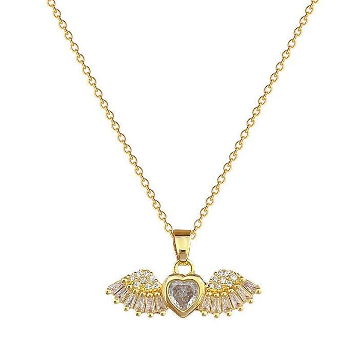 Elegant Lady Angel Wings Heart Shape Stainless Steel Copper Zircon Pendant Necklace In Bulk