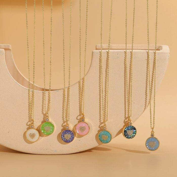 Simple Style Commute Round Heart Shape Copper Enamel Plating Inlay Zircon 14K Gold Plated Pendant Necklace