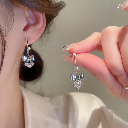 1 Pair Lady Korean Style Bow Knot Inlay Copper Zircon Drop Earrings