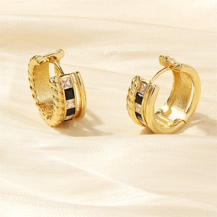 1 Pair Retro Simple Style Checkered Plating Inlay Copper Zircon 18K Gold Plated Earrings