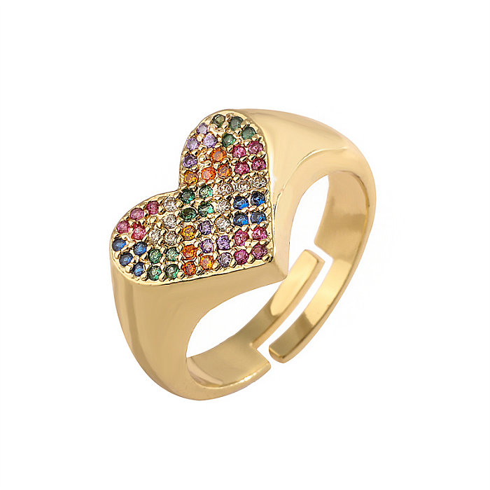 Luxuoso formato de coração retângulo chapeamento de cobre embutido zircão anéis abertos banhados a ouro