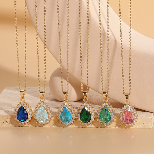 Elegant Luxurious Classic Style Water Droplets Copper Plating Inlay Zircon 14K Gold Plated Pendant Necklace