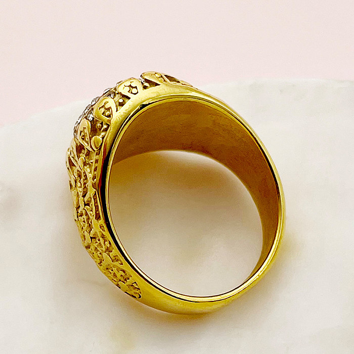 Estilo vintage formal estilo romano oval argyle aço inoxidável polimento chapeamento incrustação zircão anéis banhados a ouro