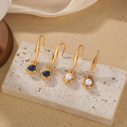 1 paire de boucles d'oreilles pendantes plaquées or 18 carats, Style Vintage, Style Simple, incrustation géométrique en cuivre Lapis Lazuli