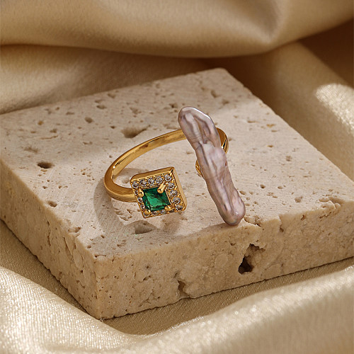 Anneaux ouverts plaqués or 18 carats, style rétro, carré irrégulier, incrustation de perles en Zircon