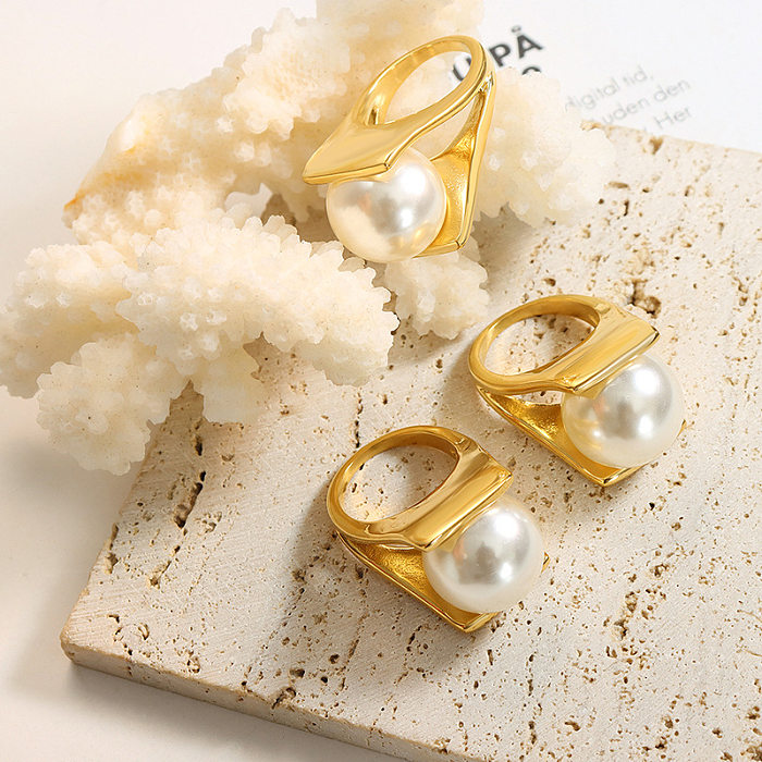 Retro-Ringe mit geometrischen Titanstahl-Intarsien und künstlichen Perlen, 1 Stück