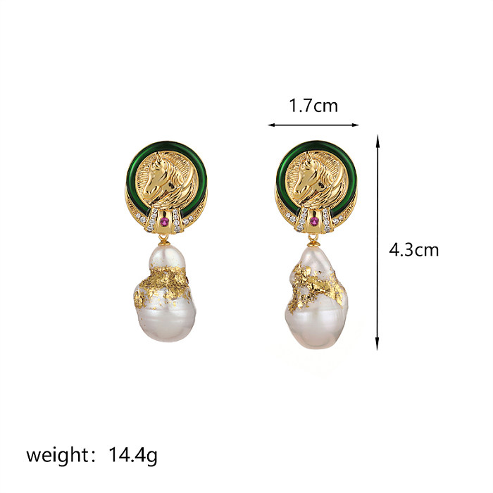1 Pair Elegant Commute Round Horse Plating Inlay Copper Zircon 18K Gold Plated Drop Earrings